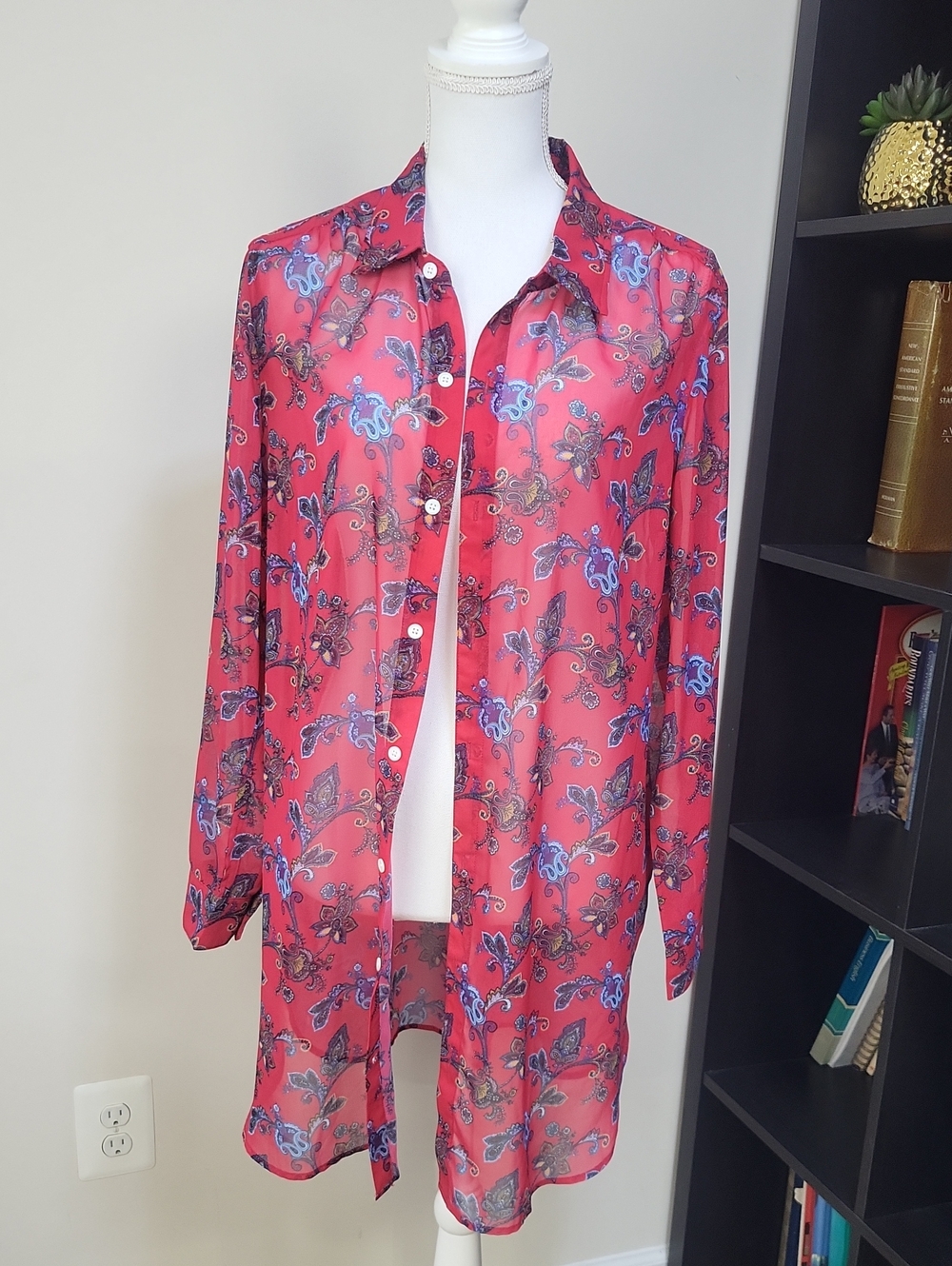 Ruby Ribbon Red Floral Paisley Sheer Tunic Button Down Blouse